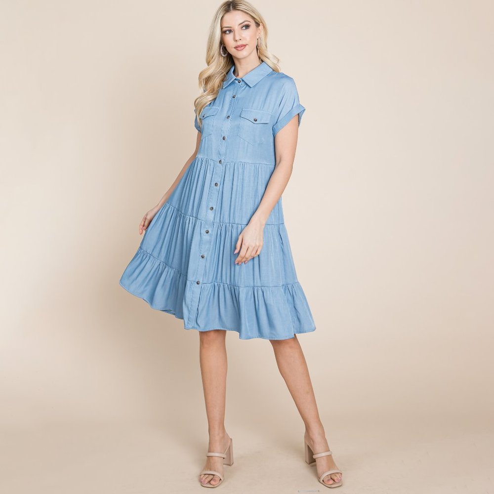 Button Down Collared Tiered Chambray Shirt Dress